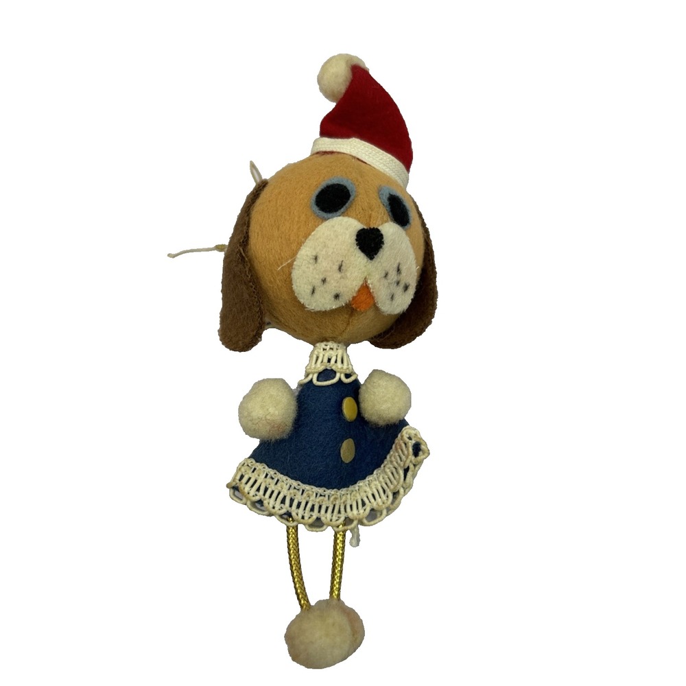 Vintage Christmas Ornament‎ Felt Brown Santa Puppy Dog Made in Japan MCM